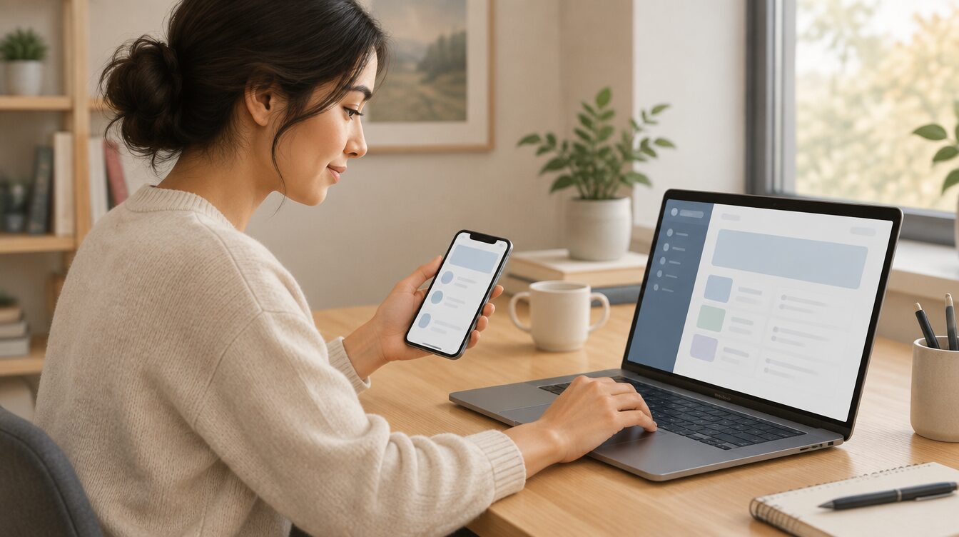 Illustrative AI-generated image of a person using a smartphone and laptop; does not depict an actual NMMC portal, app, or payment screen.