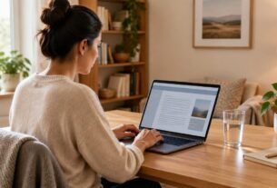 Illustrative AI-generated image of a person using a laptop at home; does not depict an actual NMMC portal or payment screen.