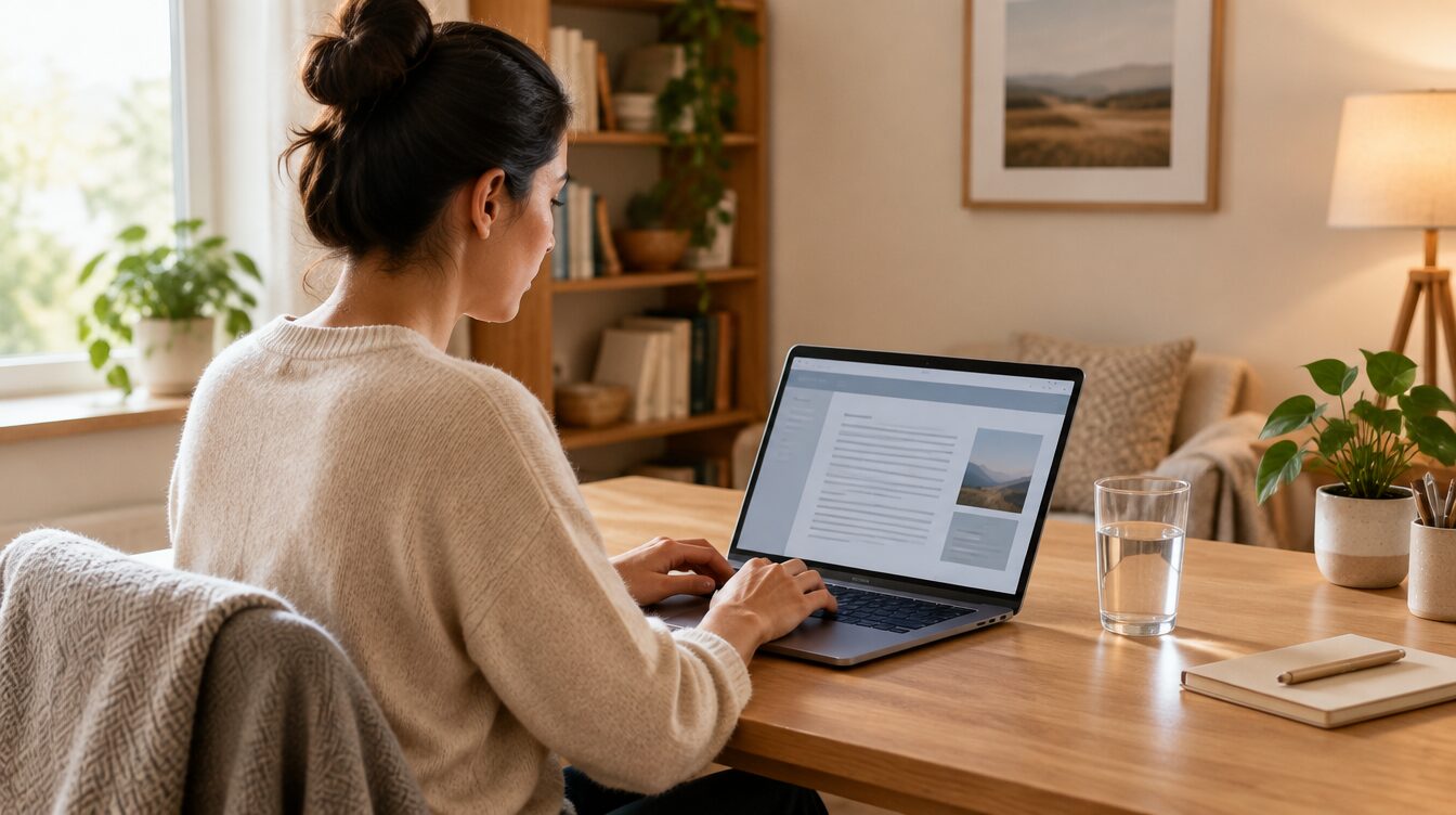 Illustrative AI-generated image of a person using a laptop at home; does not depict an actual NMMC portal or payment screen.