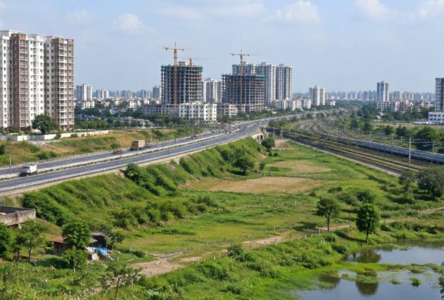 Illustrative AI-generated view of a developing suburban area near a highway and rail line, not an actual Panvel location.