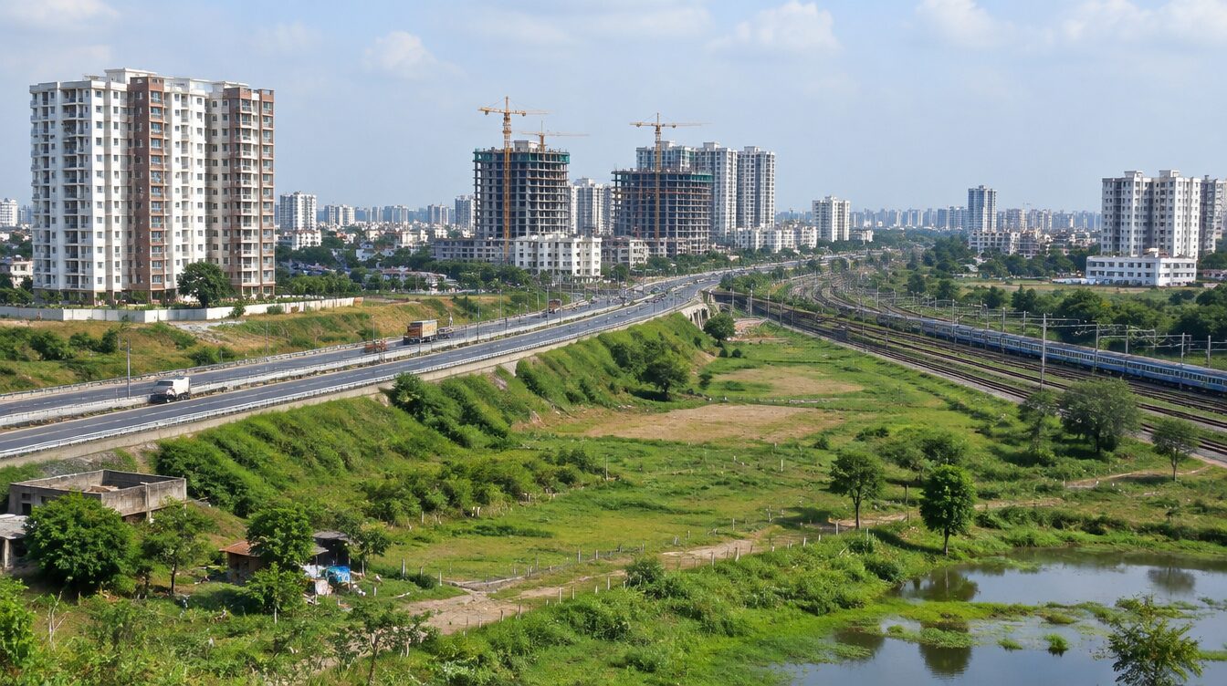 Illustrative AI-generated view of a developing suburban area near a highway and rail line, not an actual Panvel location.