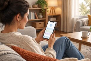 Illustrative AI-generated image of a person checking a phone at home; does not depict an actual PMC portal, app, or payment screen.