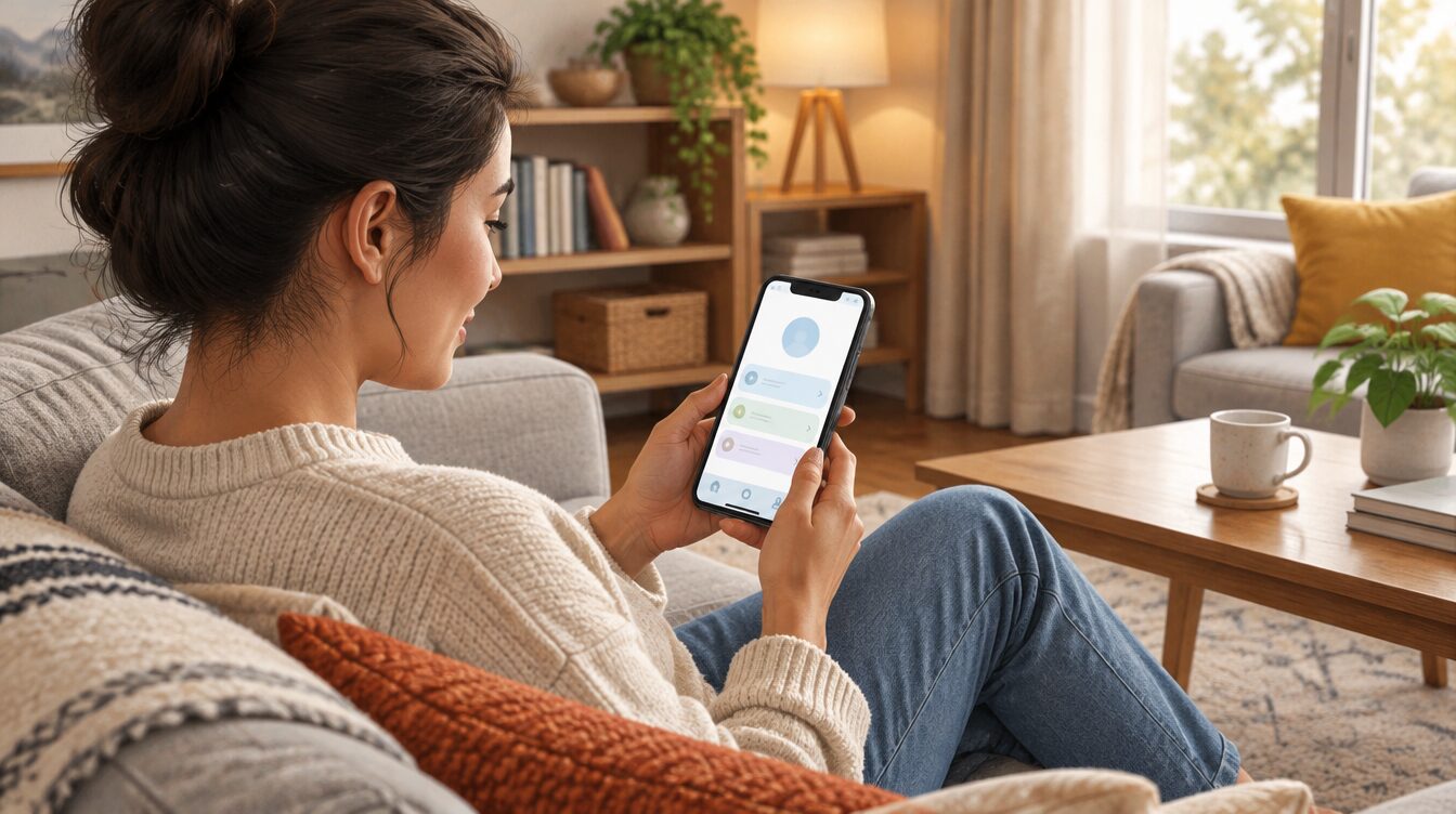 Illustrative AI-generated image of a person checking a phone at home; does not depict an actual PMC portal, app, or payment screen.