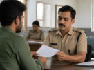 Police officer reviewing a document handed over by a citizen at a police station front desk in Navi Mumbai