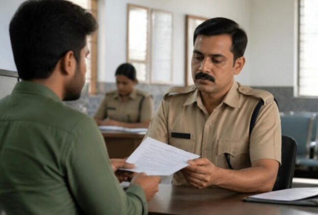 Police officer reviewing a document handed over by a citizen at a police station front desk in Navi Mumbai