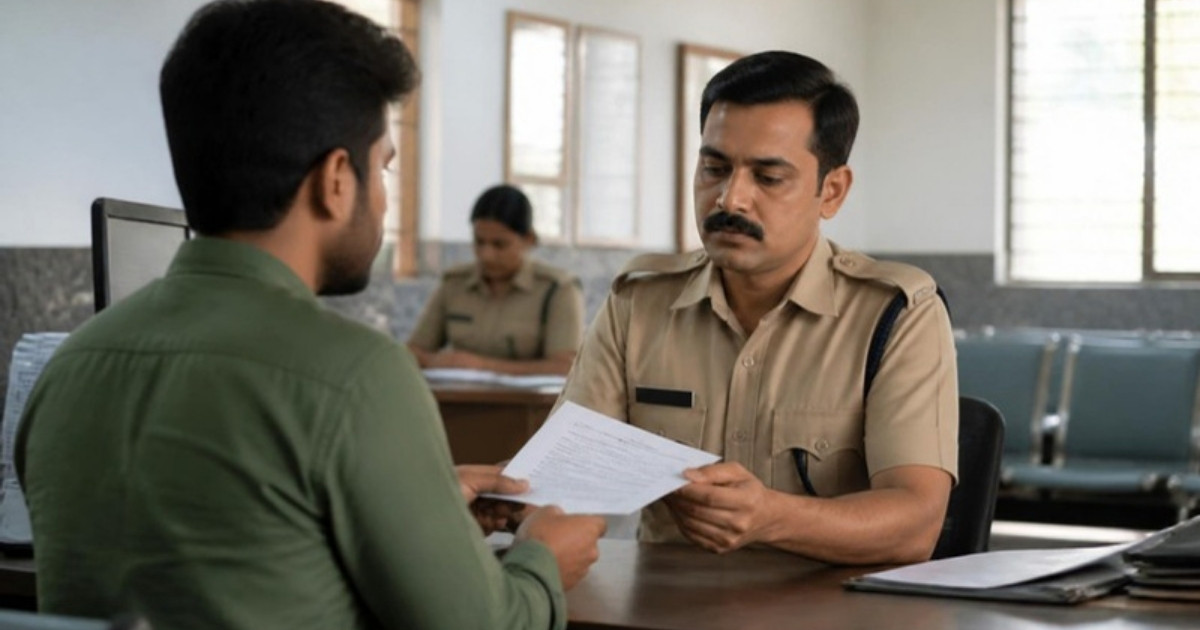 Police officer reviewing a document handed over by a citizen at a police station front desk in Navi Mumbai