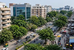 Illustrative AI-generated view of a mature mixed residential and commercial street, not an actual Vashi location.