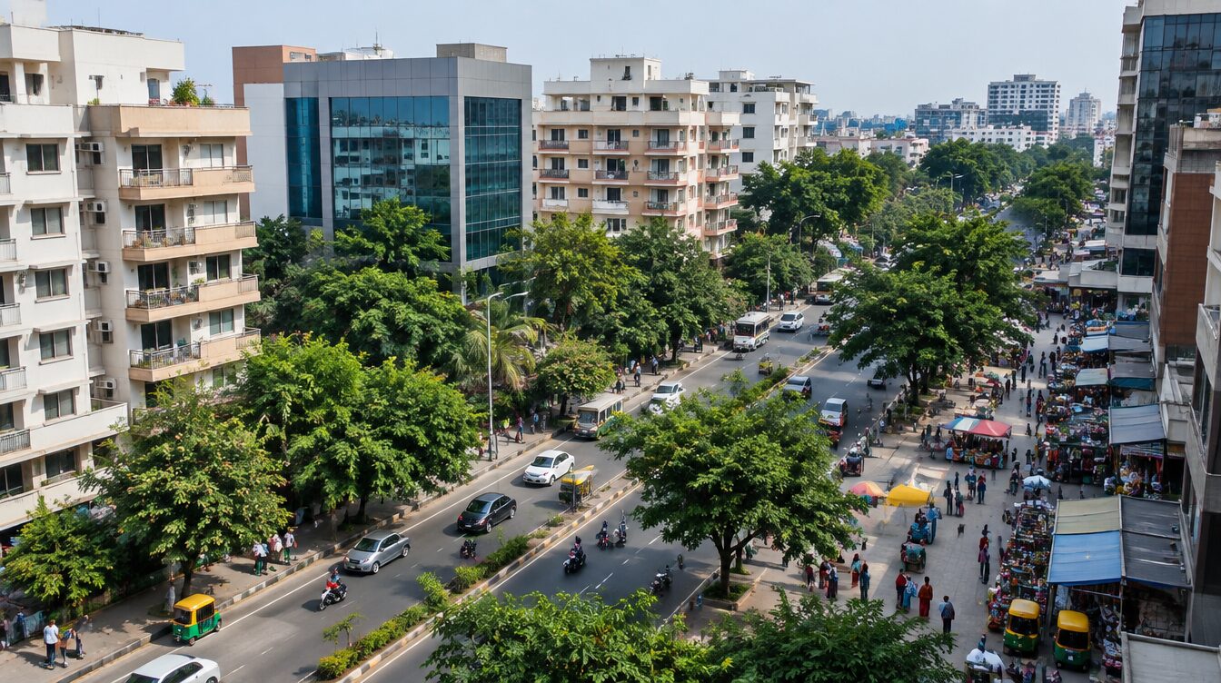 Illustrative AI-generated view of a mature mixed residential and commercial street, not an actual Vashi location.