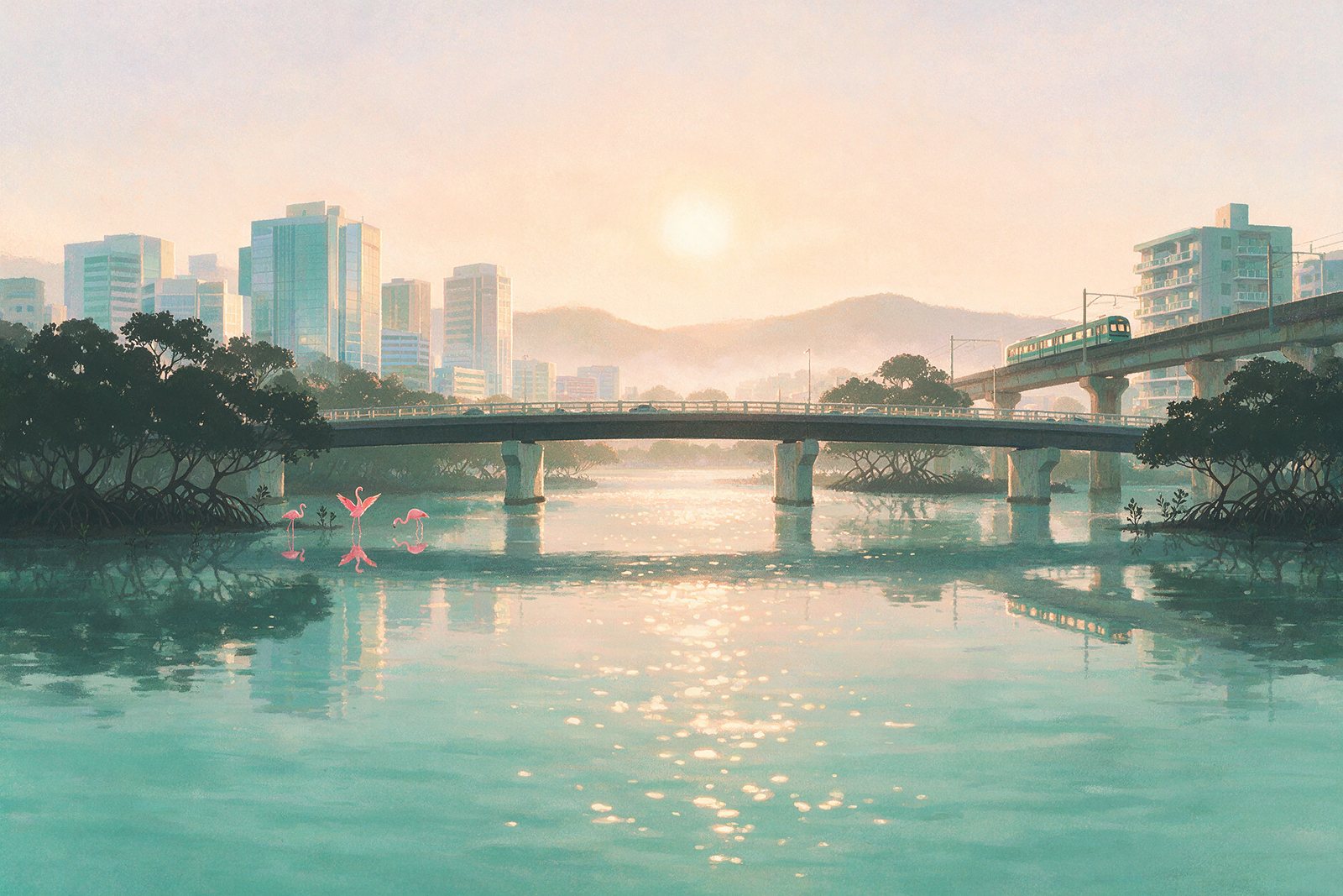 Illustration of a creek, a road bridge, an elevated rail line and mangroves with flamingos in an Airoli-style setting, not an actual photograph