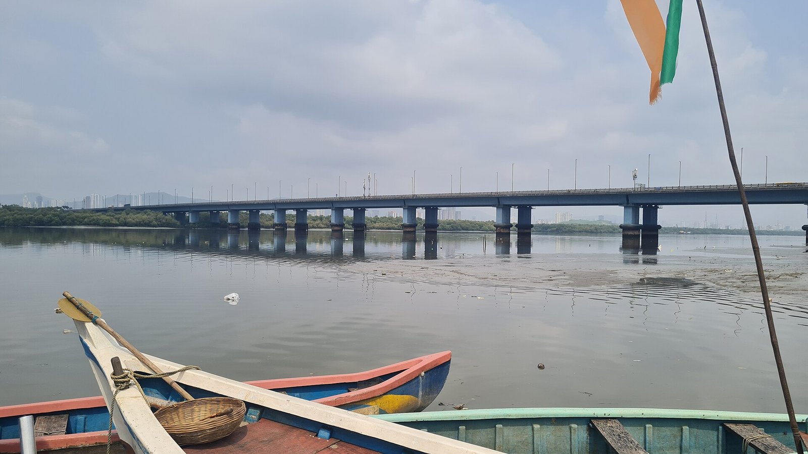 The Mulund to Airoli bridge over Thane Creek seen from a boat