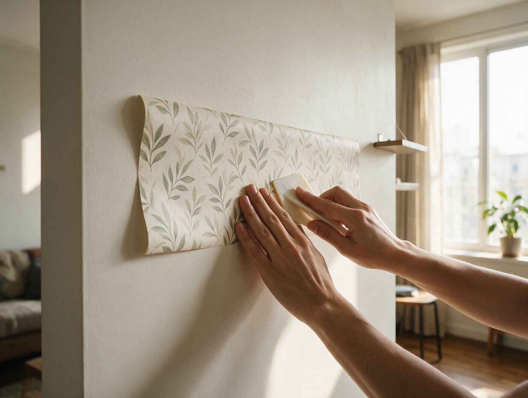 Peel-and-Stick Wallpaper for Indian Homes: What to Check Before You Buy 4 Smoothing a peel and stick wallpaper panel onto a wall with a squeegee tool