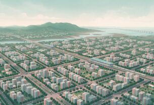 AI-generated illustration of a planned coastal city with apartment blocks, a railway line and a sea bridge, not a photograph of a real place