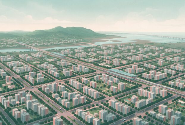AI-generated illustration of a planned coastal city with apartment blocks, a railway line and a sea bridge, not a photograph of a real place