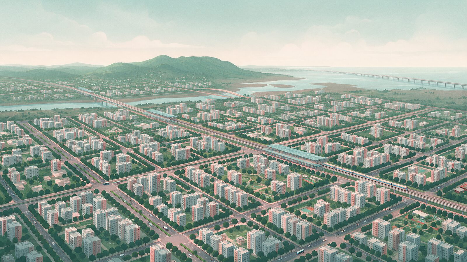 AI-generated illustration of a planned coastal city with apartment blocks, a railway line and a sea bridge, not a photograph of a real place