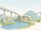 Flat illustration of two elevated rail lines meeting at a station block beside a creek with office blocks and a hill behind, an illustration and not an actual photograph