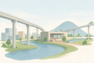 Flat illustration of two elevated rail lines meeting at a station block beside a creek with office blocks and a hill behind, an illustration and not an actual photograph