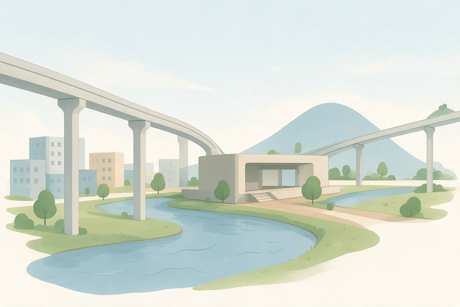 Flat illustration of two elevated rail lines meeting at a station block beside a creek with office blocks and a hill behind, an illustration and not an actual photograph