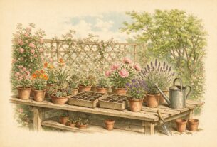 Botanical engraving style illustration of potted plants and seedling trays on a nursery shelf, not an actual photograph