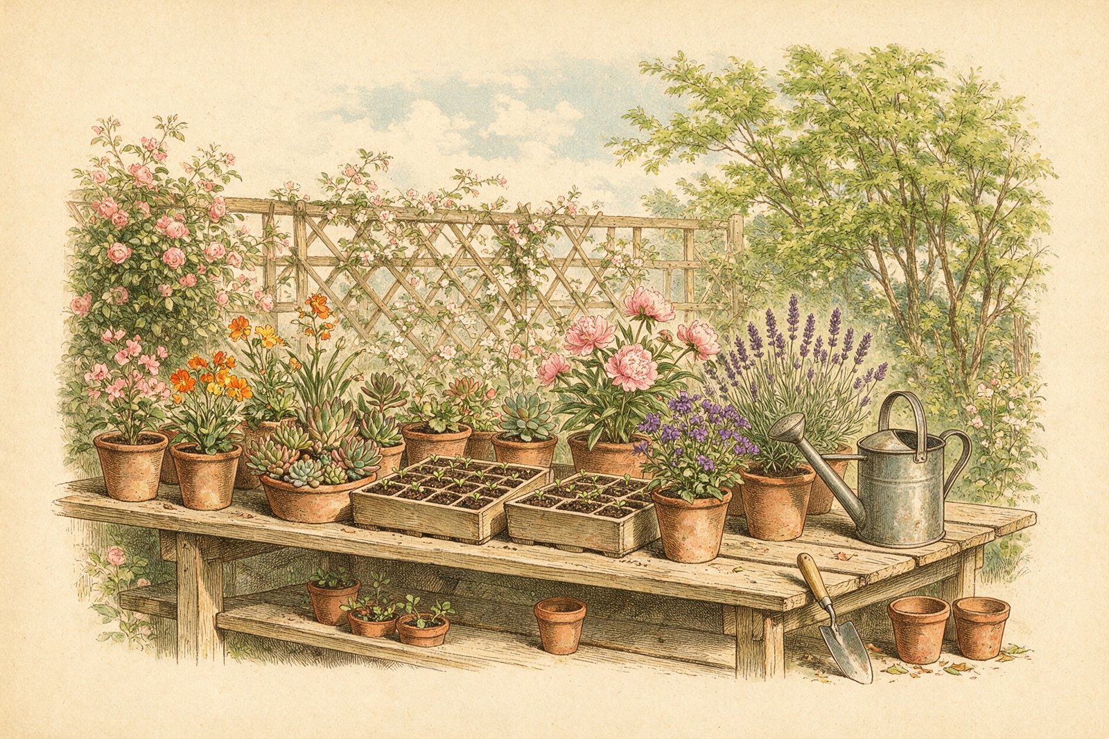 Botanical engraving style illustration of potted plants and seedling trays on a nursery shelf, not an actual photograph
