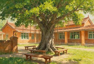 Oil painting style illustration of a school courtyard with a large tree and empty benches, not an actual photograph