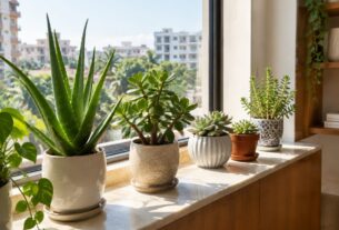 Succulents and sun-loving indoor plants on a bright windowsill in an Indian apartment, AI-generated illustrative render