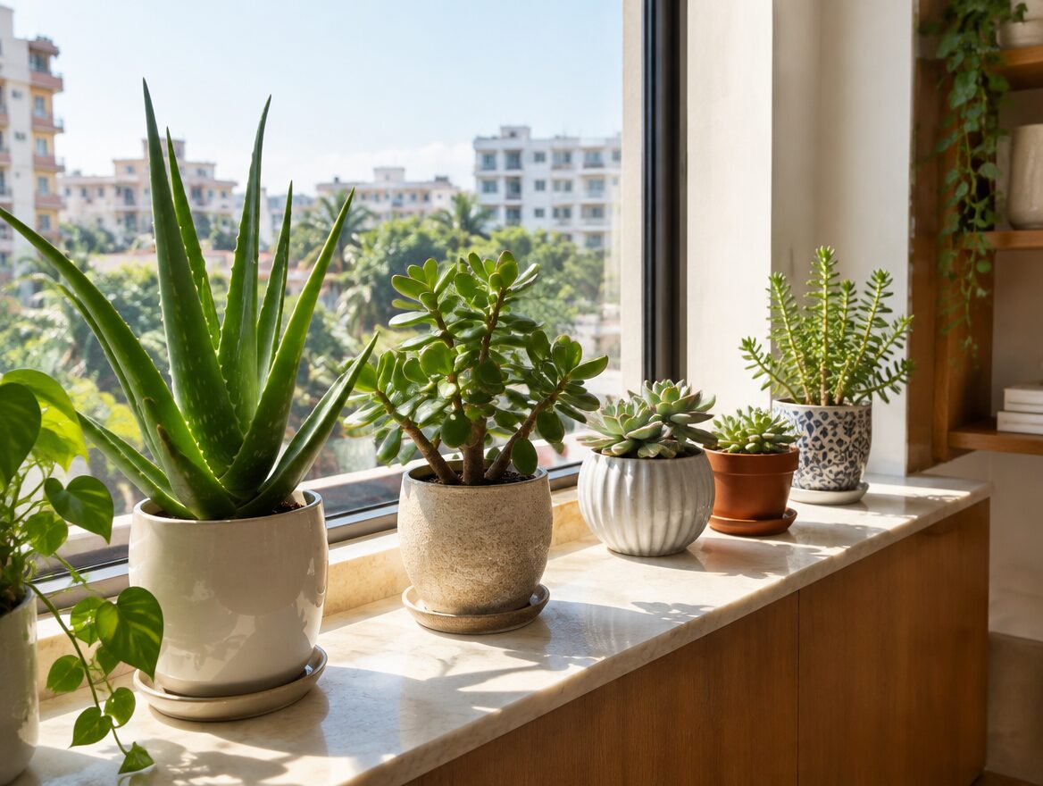 Indoor Plants for Indian Apartments: Choose by Light and Care Needs 2 Succulents and sun-loving indoor plants on a bright windowsill in an Indian apartment, AI-generated illustrative render