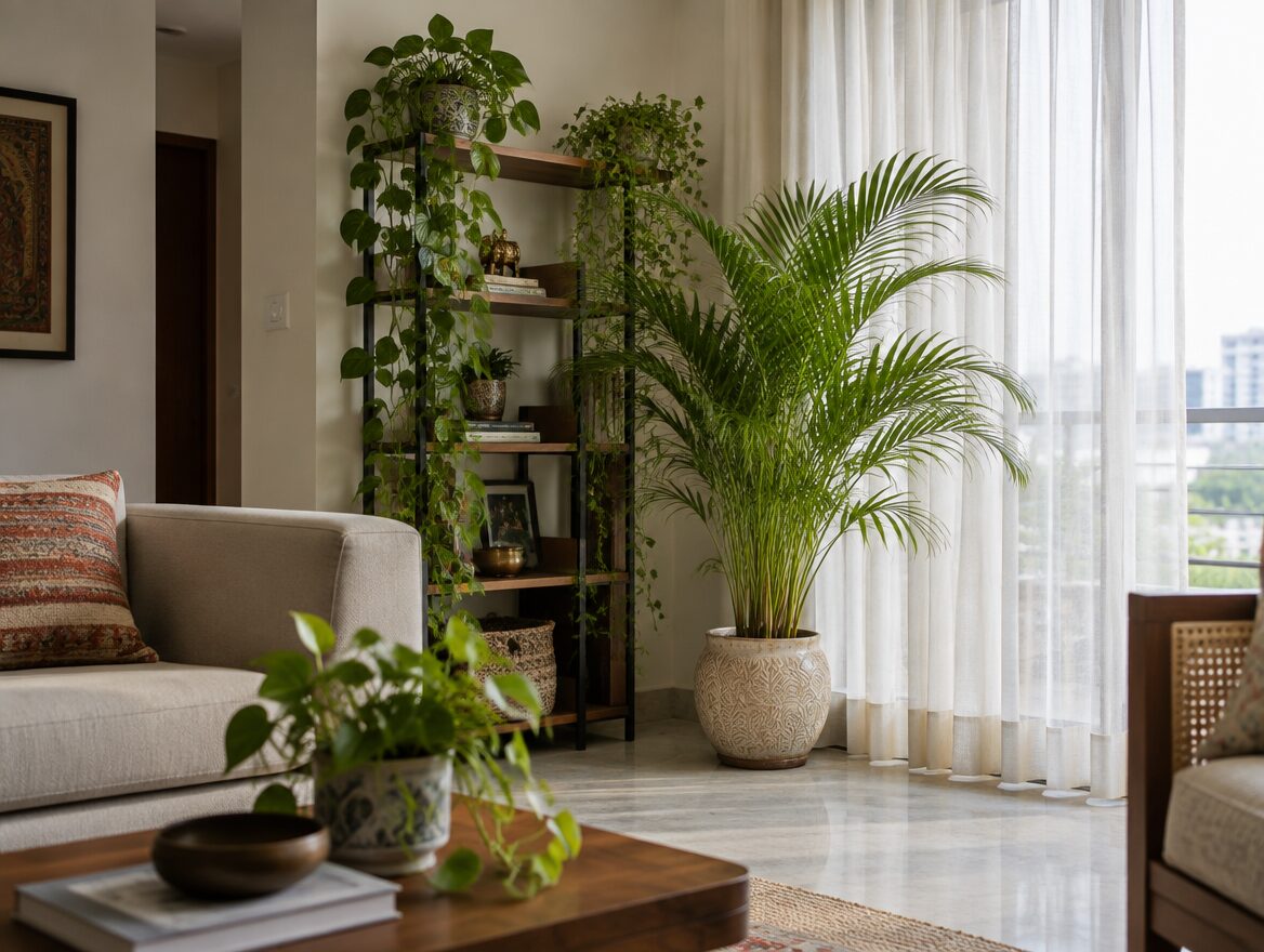 Indoor Plants for Indian Apartments: Choose by Light and Care Needs 3 Indoor plants in bright indirect light in an Indian apartment living room, AI-generated illustrative render