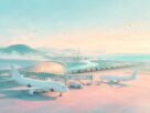 Illustration of cargo aircraft, a freight train and a container port at sunrise, not an actual photograph