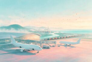 Illustration of cargo aircraft, a freight train and a container port at sunrise, not an actual photograph