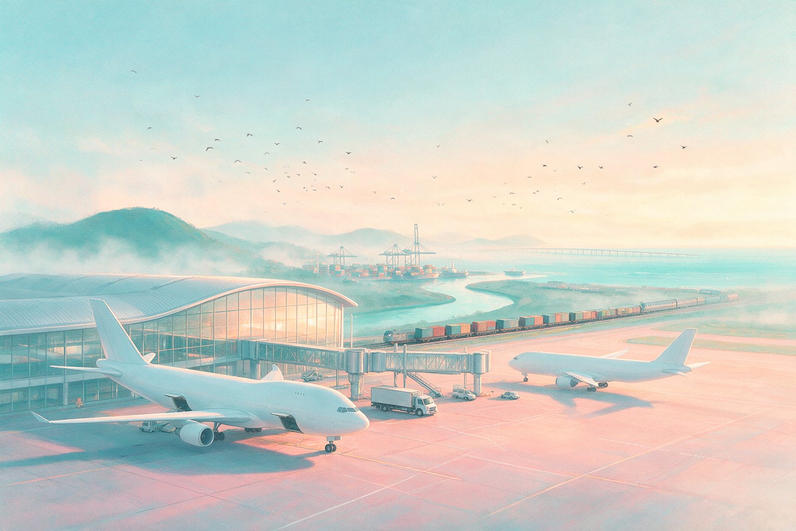 Illustration of cargo aircraft, a freight train and a container port at sunrise, not an actual photograph