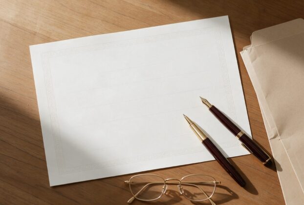 A blank certificate-style sheet, folder, pens and glasses on a desk, AI-generated illustrative render