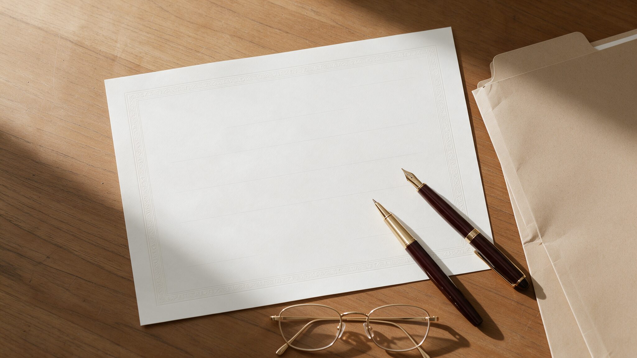 A blank certificate-style sheet, folder, pens and glasses on a desk, AI-generated illustrative render