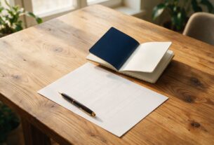 Application forms, a passport and a pen arranged on a desk, AI-generated illustrative render