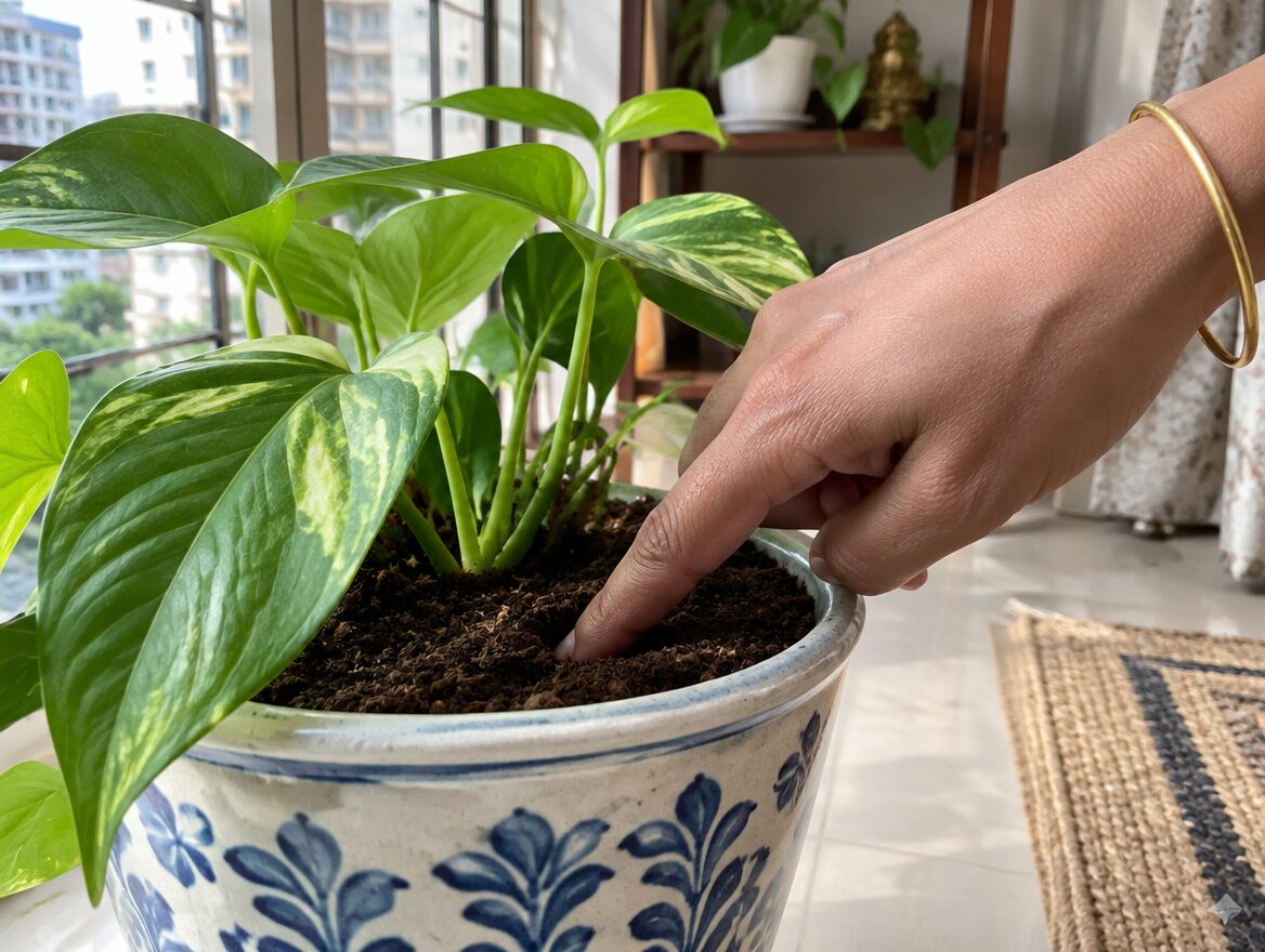 Indoor Plants for Indian Apartments: Choose by Light and Care Needs 5 Checking soil moisture with a finger before watering a houseplant in an Indian apartment, AI-generated illustrative render