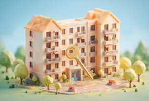 Low-poly 3D illustration of an apartment block with a large key in front, not an actual photograph