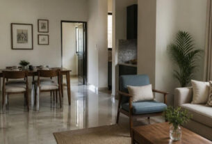 Small Indian apartment living and dining area in one open space, AI-generated illustrative render