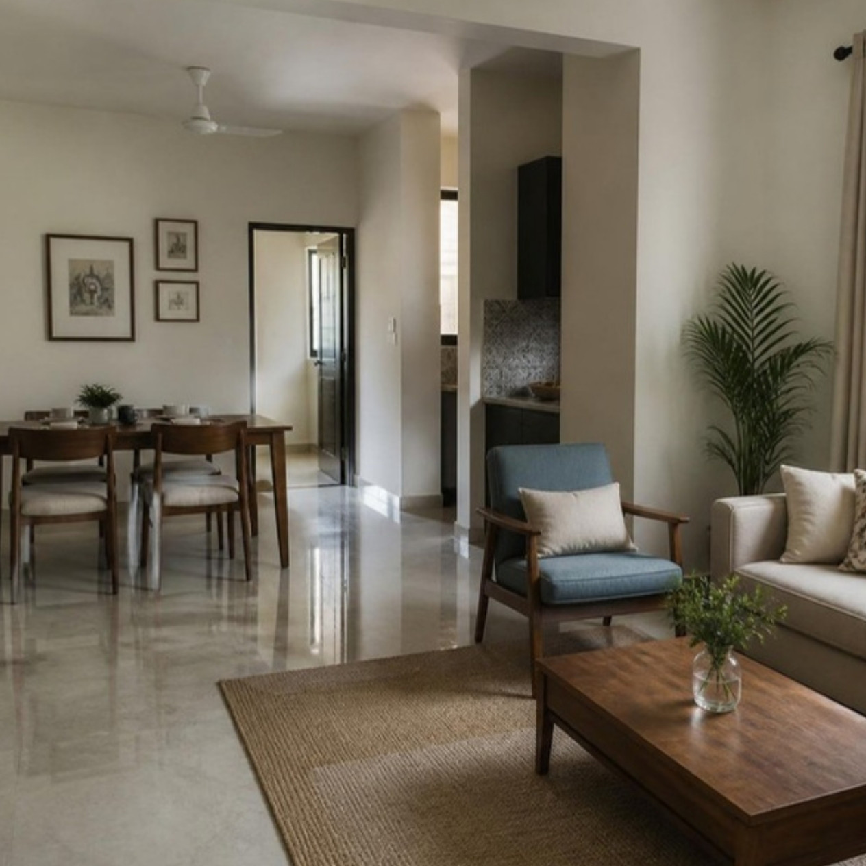 Small Living Room Ideas for Indian Apartments: Layouts, Seating and Storage 2 Small Indian apartment living and dining area in one open space