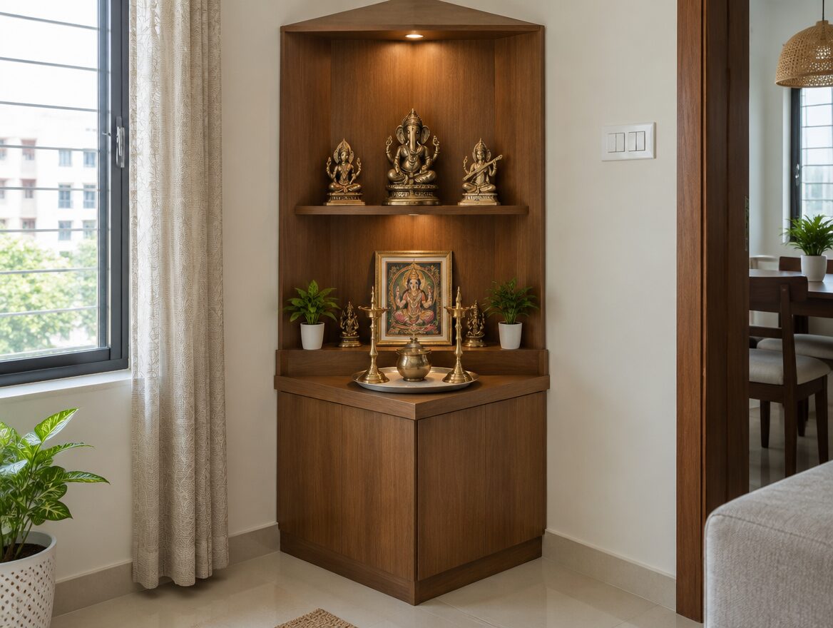 Small Pooja Room Designs for Indian Apartments 4 Corner pooja unit in an Indian apartment with an unlit diya lamp, AI-generated illustrative render