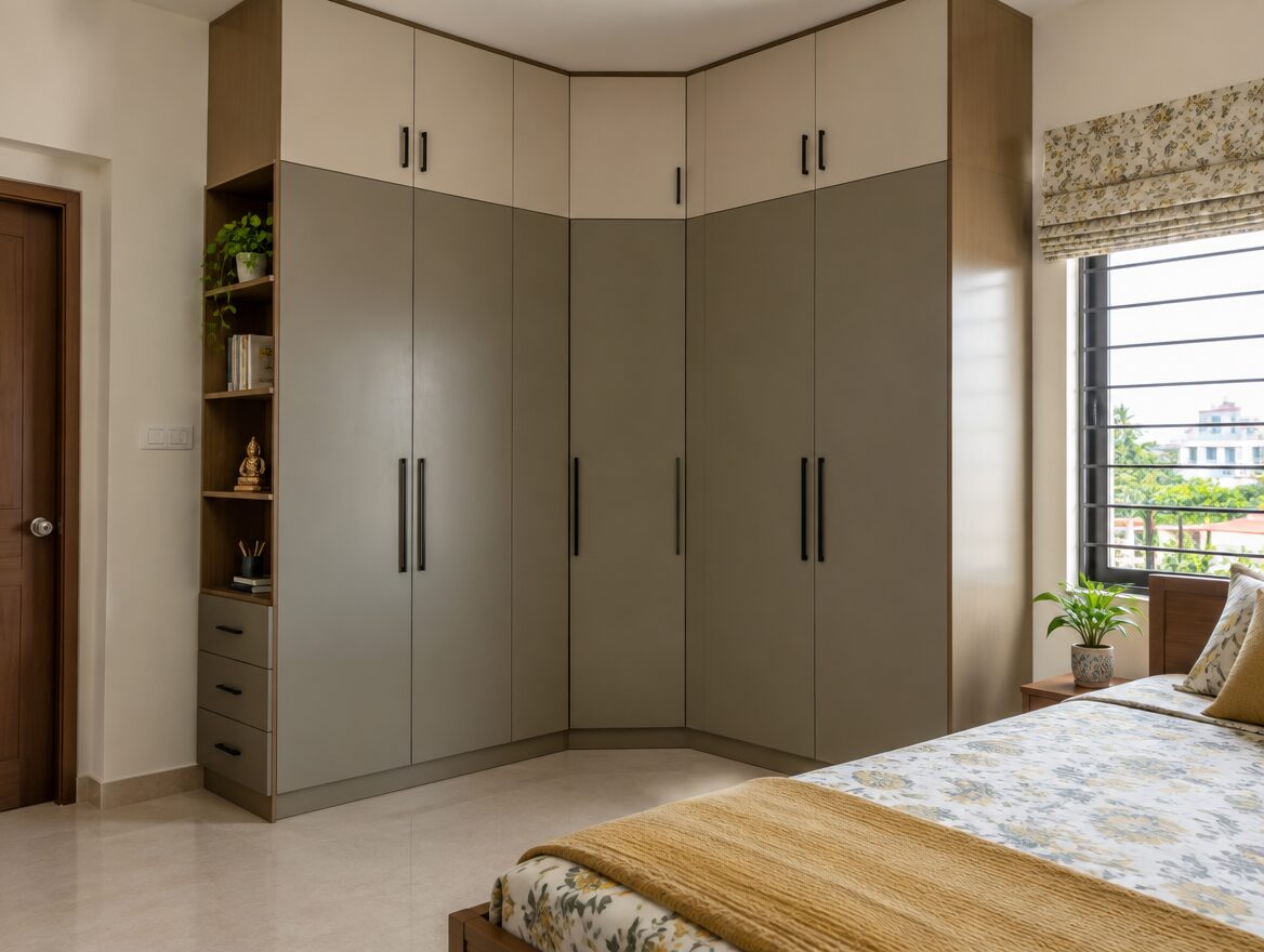 Corner wardrobe fitted into a small Indian bedroom corner, AI-generated illustrative render