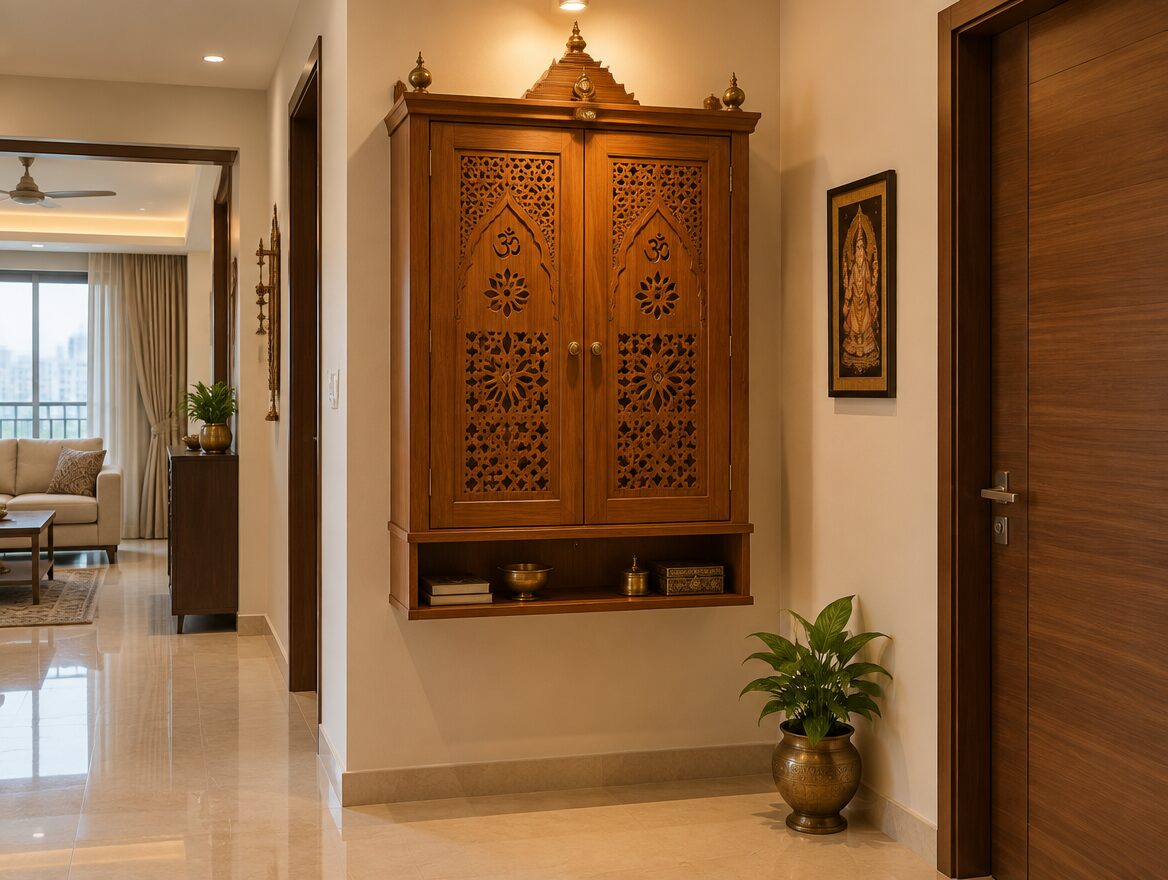 Small Pooja Room Designs for Indian Apartments 3 Cupboard-style pooja unit with closed doors in an Indian apartment hallway, AI-generated illustrative render