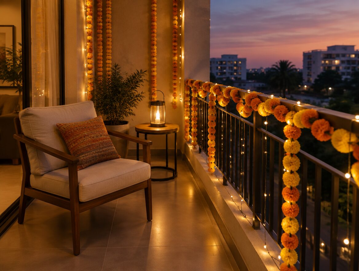Diwali Decoration Ideas for Small Homes and Apartment Entrances 4 Balcony decorated with string lights and an enclosed LED lantern for Diwali in a small Indian apartment, AI-generated illustrative render