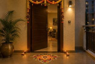 Decorated apartment entrance with a toran door hanging and diyas for Diwali in India, AI-generated illustrative render