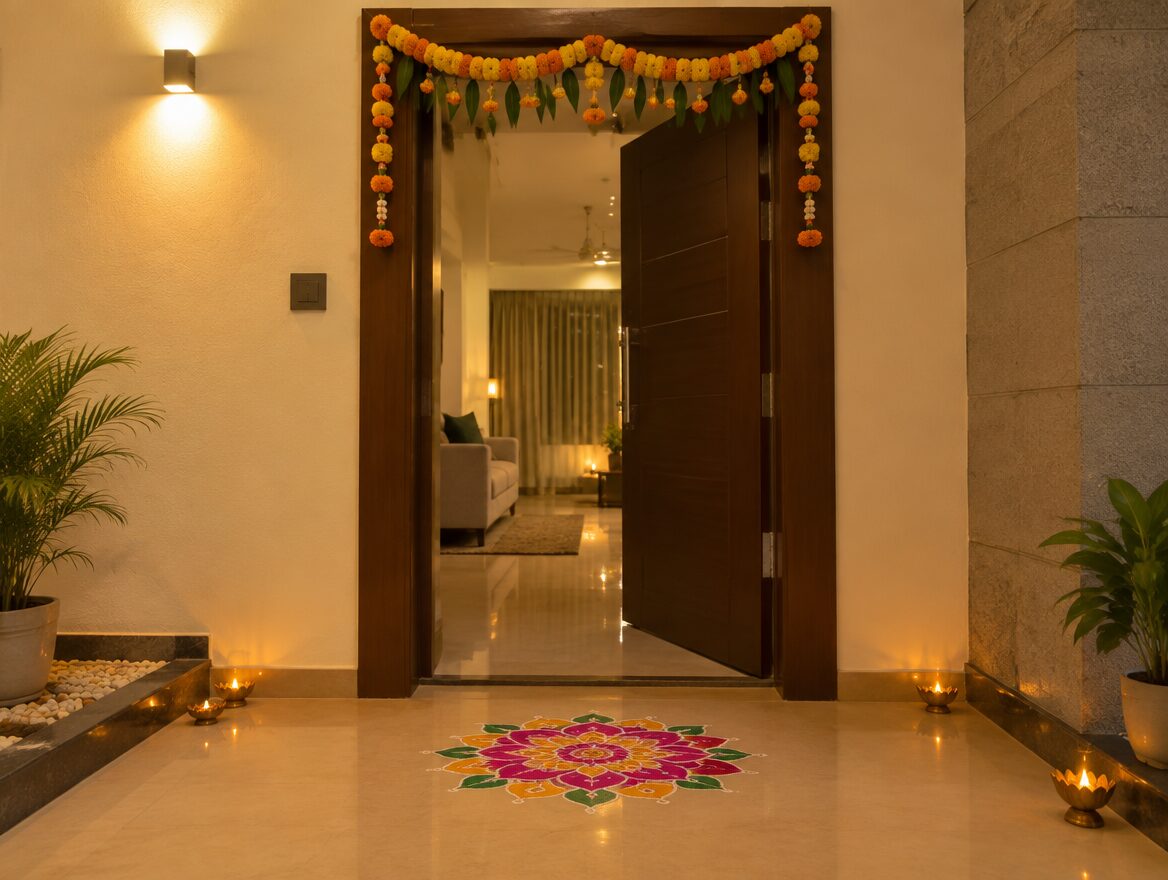 Diwali Decoration Ideas for Small Homes and Apartment Entrances 2 Decorated apartment entrance with a toran door hanging and diyas kept clear of the walking path for Diwali in India, AI-generated illustrative render