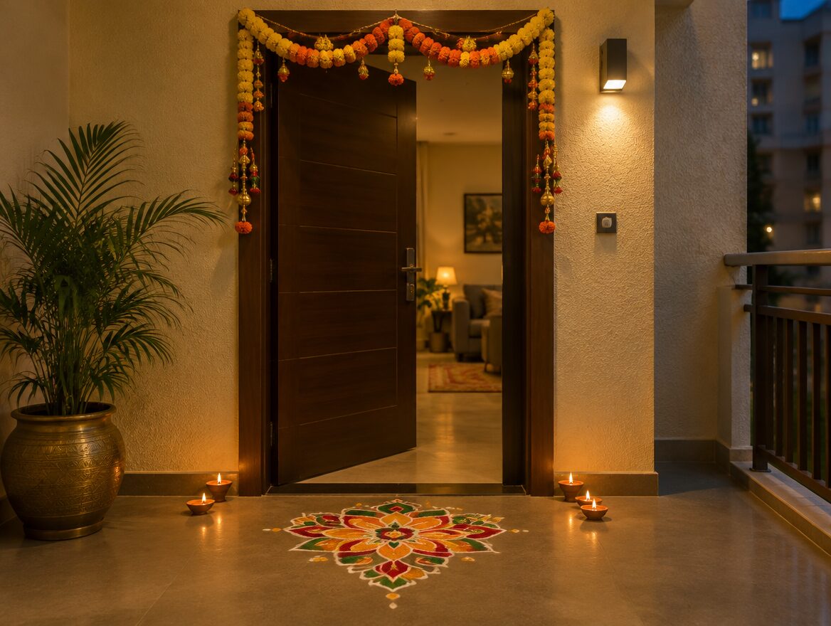 Decorated apartment entrance with a toran door hanging and diyas for Diwali in India, AI-generated illustrative render