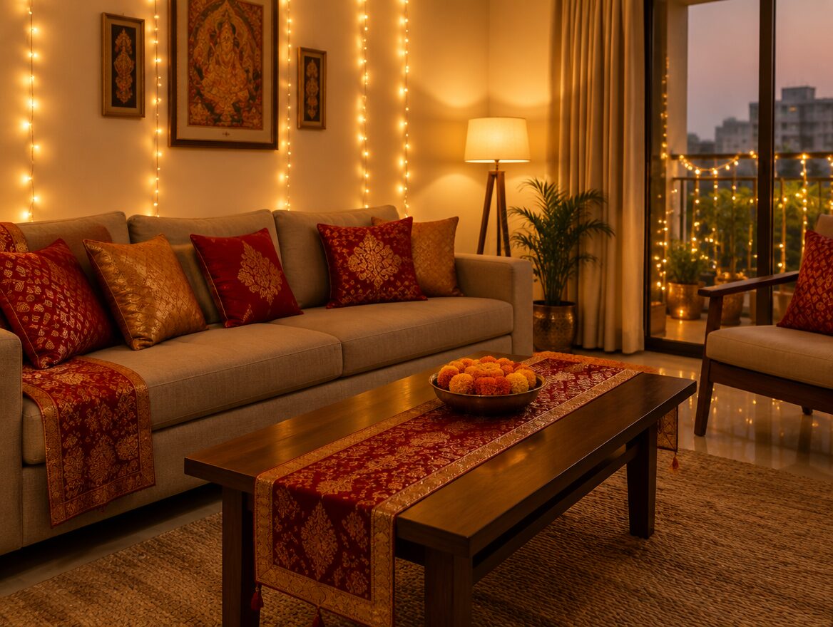 Diwali Decoration Ideas for Small Homes and Apartment Entrances 3 Living room styled for Diwali with reusable textiles, marigold flowers and string lights in an Indian apartment, no open flame, AI-generated illustrative render