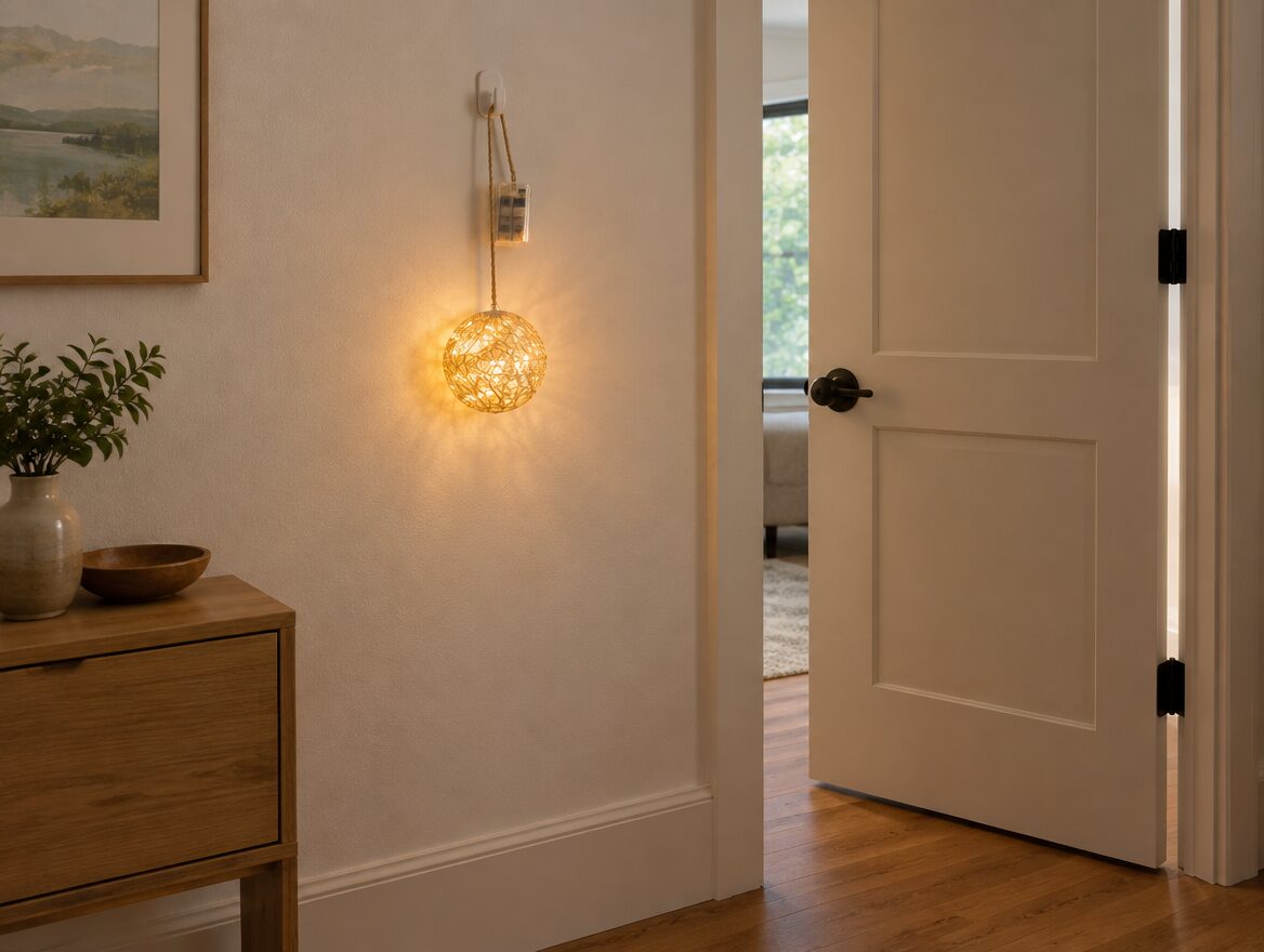 Diwali Decoration Ideas for Small Homes and Apartment Entrances 6 Lightweight battery-powered LED decorative lamp hanging from a removable adhesive hook for rental-friendly Diwali decoration, AI-generated illustrative render