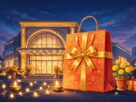 Flat illustration of a mall front lit with fairy lights, a festive shopping bag with a gold ribbon, brass diyas and marigolds at dusk, not an actual photograph