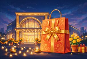 Flat illustration of a mall front lit with fairy lights, a festive shopping bag with a gold ribbon, brass diyas and marigolds at dusk, not an actual photograph
