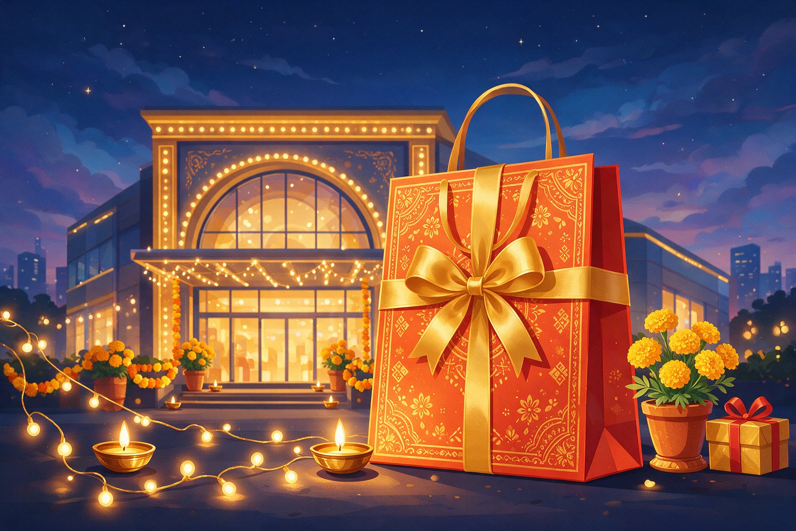 Flat illustration of a mall front lit with fairy lights, a festive shopping bag with a gold ribbon, brass diyas and marigolds at dusk, not an actual photograph
