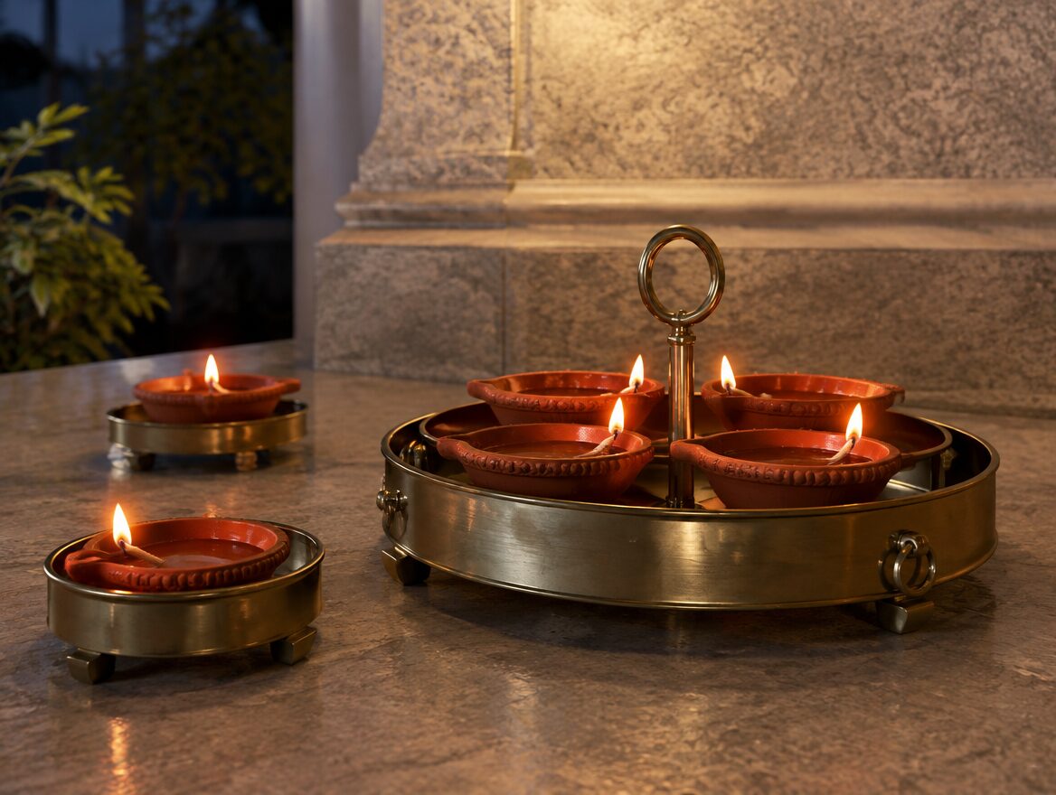 Diwali Decoration Ideas for Small Homes and Apartment Entrances 5 AI-generated illustration of clay diyas placed in metal trays